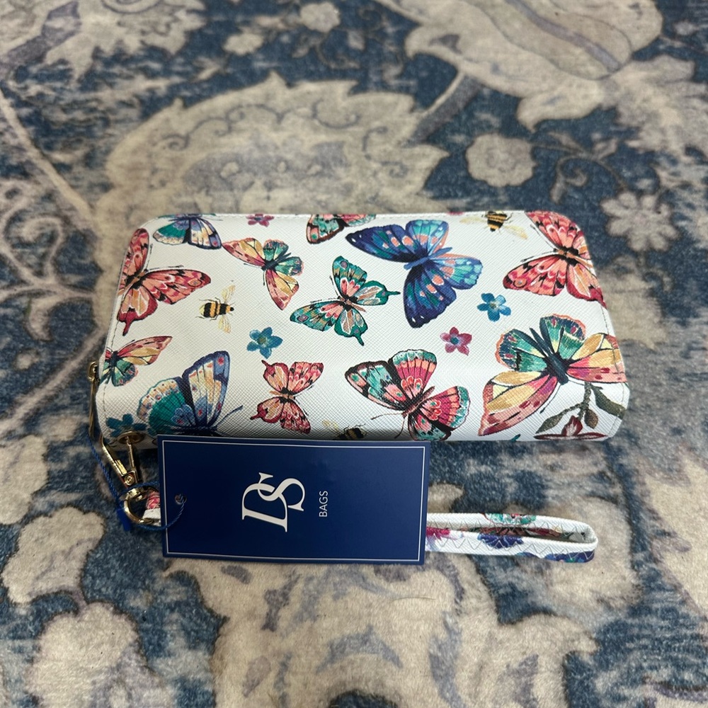 White Butterfly Print Wristlet Wallet
